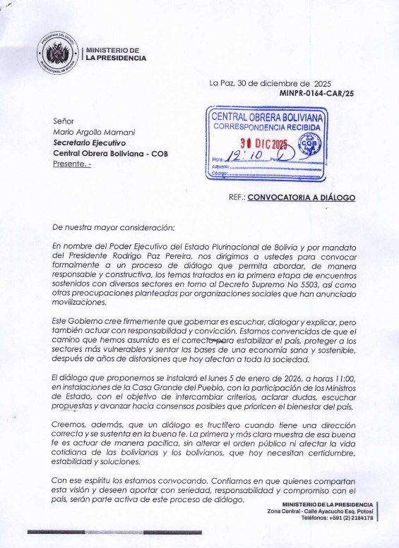 Gobierno invita a la COB al diálogo y Argollo definirá con sus bases si asiste