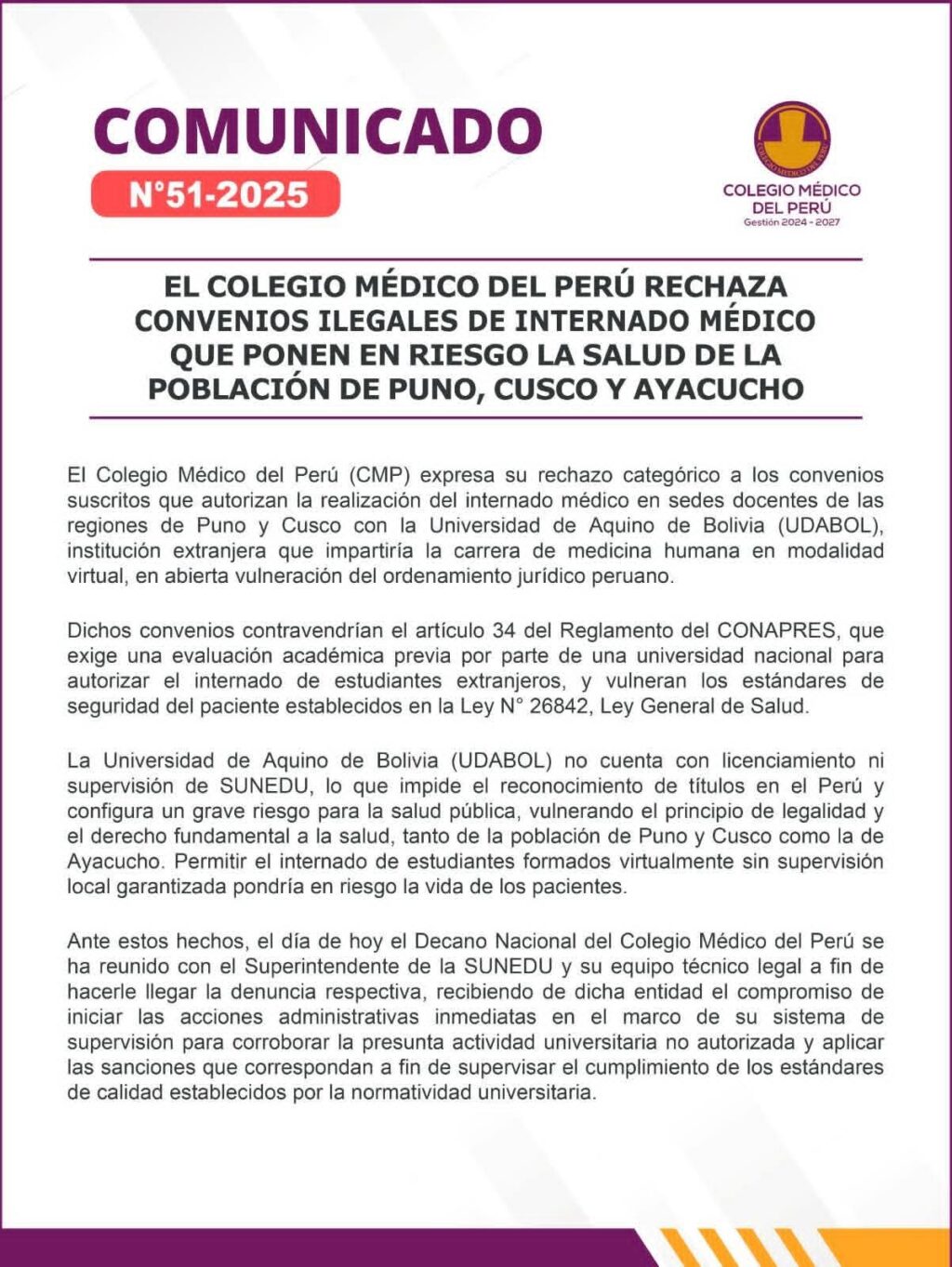 Colegio Médico del Perú rechaza convenios con universidad boliviana para internado médico virtual
