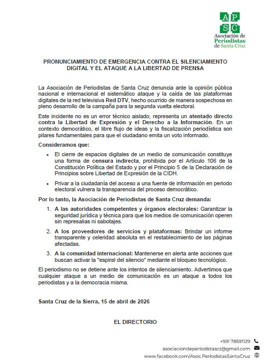 Periodistas de Santa Cruz denuncian “silenciamiento digital” y suman respaldo de medios en defensa de la prensa