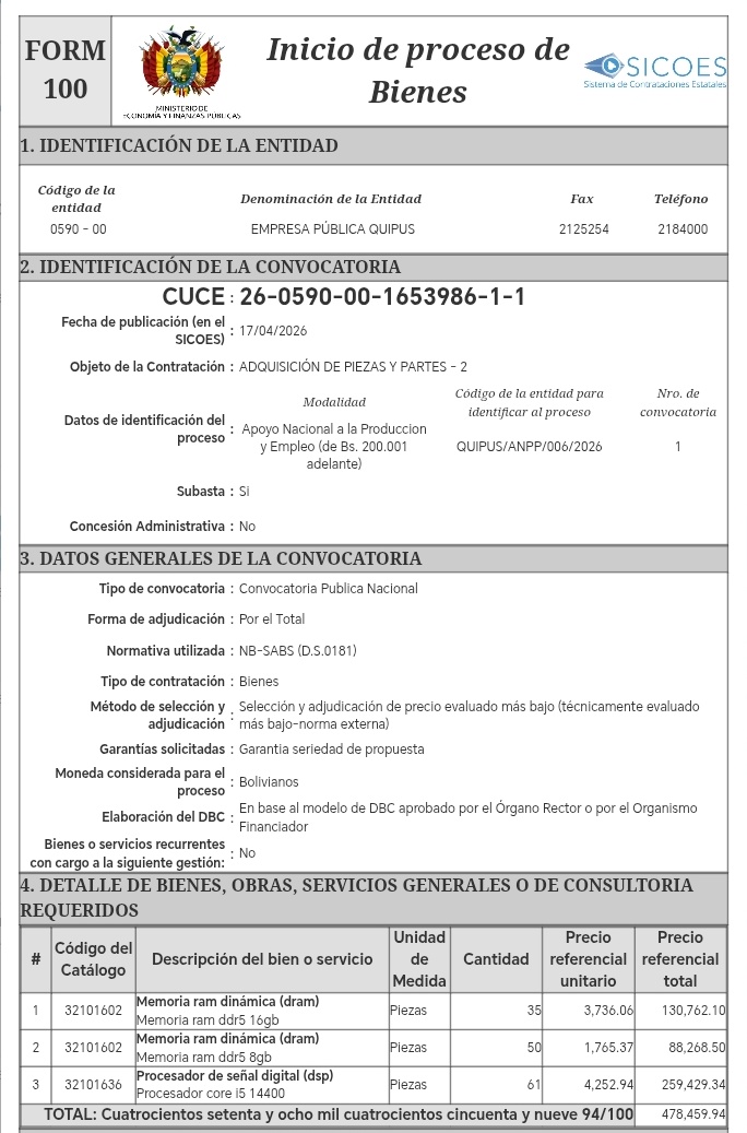 Precios inflados en SICOES: la convocatoria de Quipus que levanta dudas desde el origen