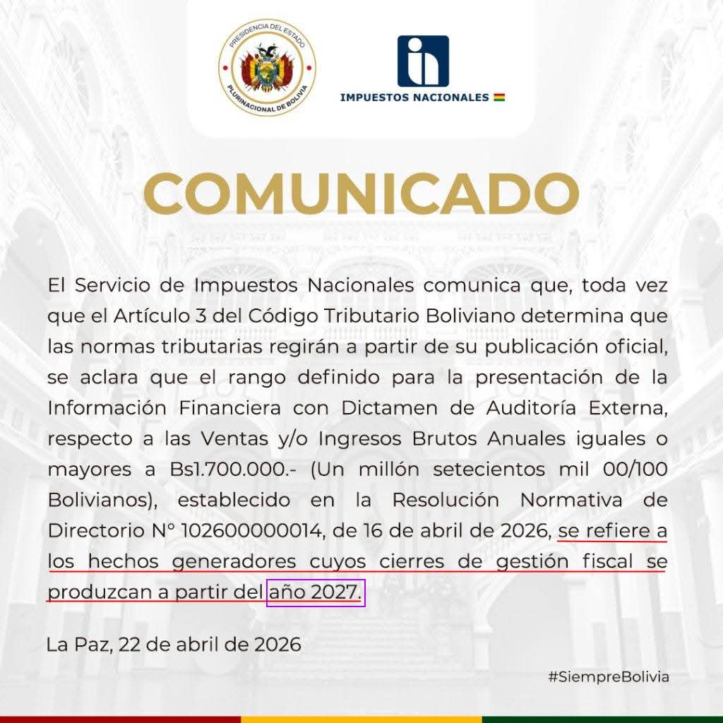 Impuestos aclara aplicación del dictamen de auditoría: regirá desde la gestión 2027 y se verá en 2028