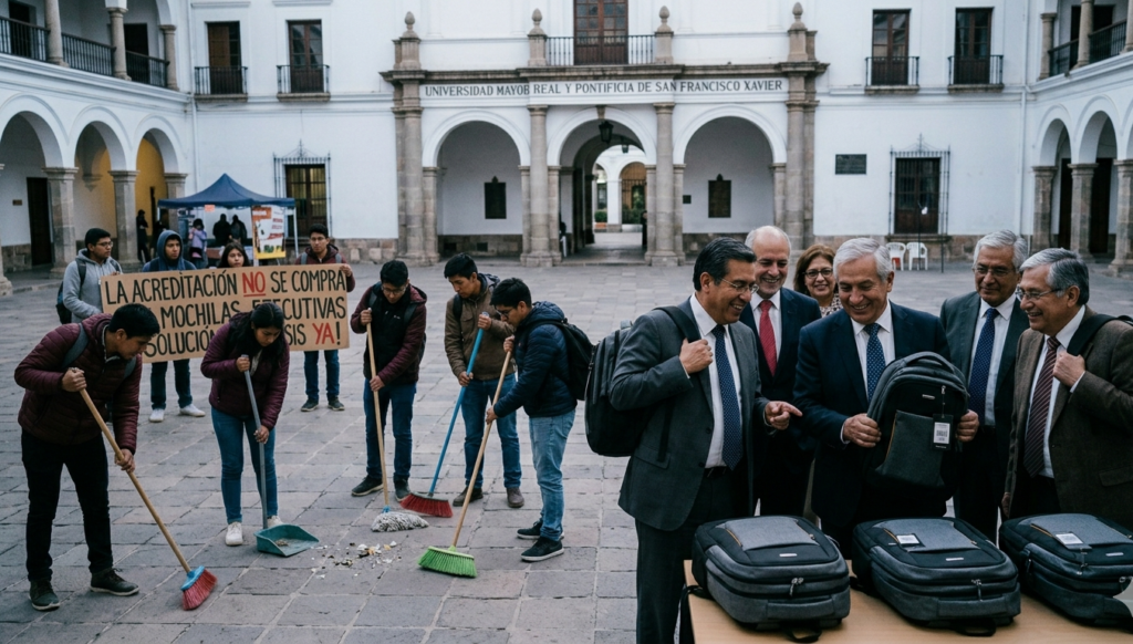 USFX gasta Bs49.680 en mochilas mientras pide a estudiantes llevar escobas para limpiar aulas